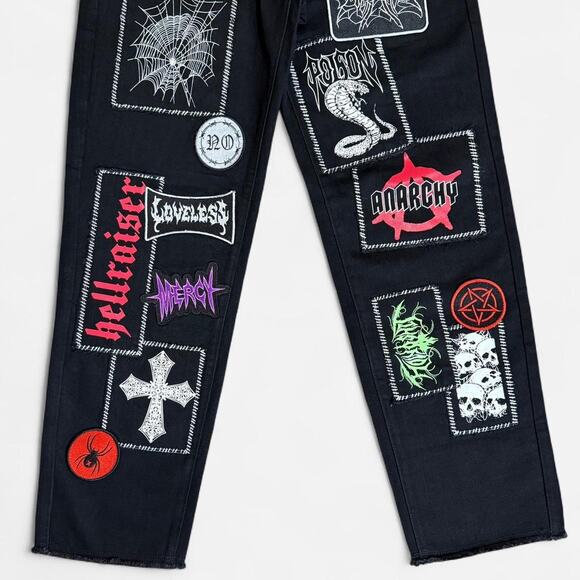 NWOT Dolls Kill Current Mood Black Patched Punk Distressed Hem Baggy Jeans XS - Picture 3 of 7